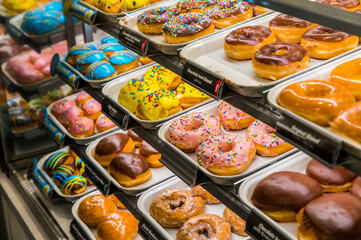Various delicious doughnuts in trays