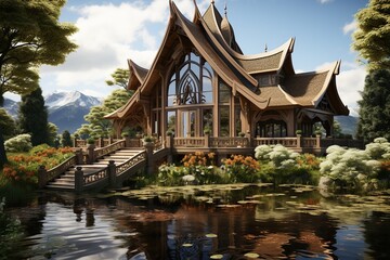 Naklejka premium traditional Thai stilt house, elevated above the rice fields, with wooden walkways connecting