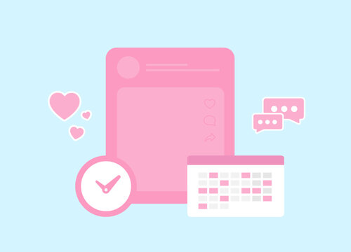 Social Media Scheduling Tools concept. Influencer marketing tool for automatic posting and analytics. Vector isolated illustration on blue background with icons