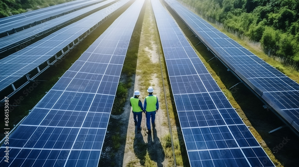 Wall mural aerial view over two technician walking for inspecting operation efficiency of solar panel energy pr