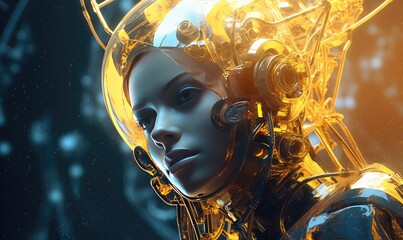 Photo of a woman in a futuristic suit wearing headphones