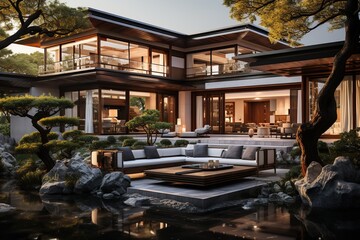 Design a modern Chinese-style home that blends traditional elements like wooden lattice screens. Generated with AI