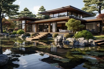 Fototapeta na wymiar Design a modern Japanese-style home with clean lines, traditional materials like wood .Generated with AI
