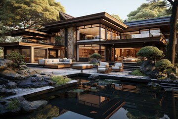 Obraz premium Design a modern Japanese-style home with clean lines, traditional materials like wood .Generated with AI