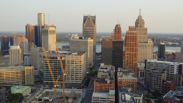 Golden Hour Skyline Aerial Above Detroit Michigan