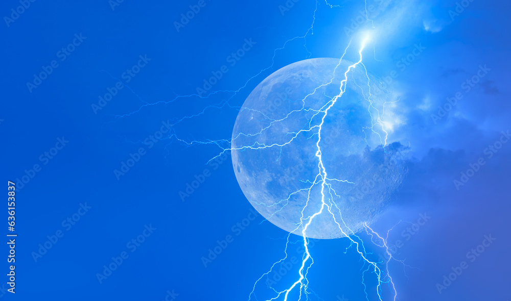 Wall mural lightning strikes between clouds with full moon at night 