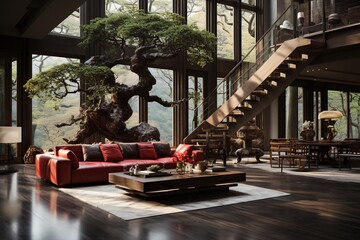 contemporary Chinese-inspired villa, showcasing a balance between opulence and simplicity. - obrazy, fototapety, plakaty