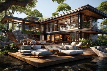 Obraz premium modern Thai-inspired wooden house, seamlessly blending contemporary aesthetics 