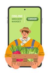 A male farmer holding a crate with fresh vegetables for delivery service. Grocery online shopping concept. Flat cartoon style vector illustration isolated on white background.