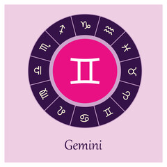 Gemini sign . Vector illustration. Gemini zodiac sign symbole on purple background horoscope astrology. Zodiac sign. Astrological calendar. Zodiacal color vector horoscope. Line