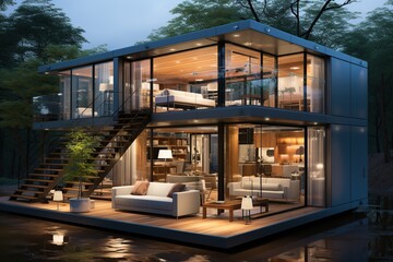 Fototapeta premium minimalist container house with a focus on simplicity and functionality. Highlight efficient use of space, modular furniture, and a clean, modern aesthetic.Generated with AI
