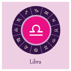 Libra sign . Vector illustration. Libra zodiac sign symbole on purple background horoscope astrology. Zodiac sign. Astrological calendar. Zodiacal color vector horoscope. Line