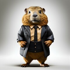 Full body 3d character of a cute capybara wearing a black suit on a grey background