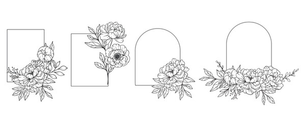 Peony Frame Line Art, Outline Floral Frame Hand Drawn Illustration. Coloring Page with Peony Flowers.