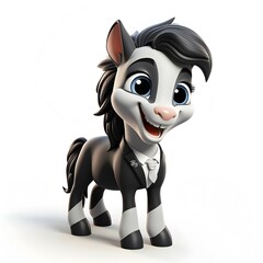 Full body 3d character of a cute horse wearing a black suit on a white background