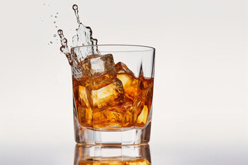 Glass of whiskey with ice with splashes. White background. Splashes and drops of whiskey fly from the glass in different directions.