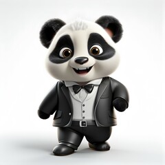 Full body 3d character of a cute panda wearing a black suit on a white background