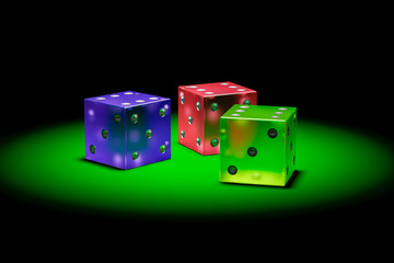 Three plastic dice on a gaming table close-up.