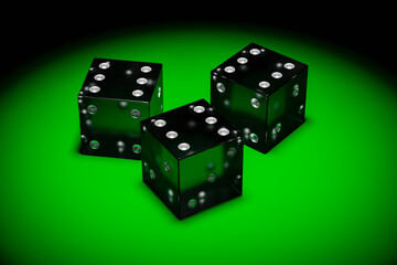 Three plastic dice on a gaming table close-up.