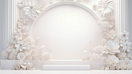 White flowers isolated on White background abstract for display product. Empty podium Bouquet wedding with Generative Ai.