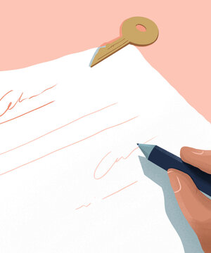 Illustration of Signing a Lease Agreement with Key in Background