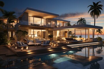 Fototapeta premium modern beachfront villa that maximizes ocean views, incorporating expansive glass walls, a private infinity pool, and a seamless transition between indoor and outdoor living areas.Generated with AI