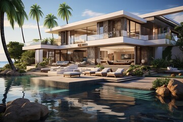 Fototapeta na wymiar modern beachfront villa that maximizes ocean views, incorporating expansive glass walls, a private infinity pool, and a seamless transition between indoor and outdoor living areas.Generated with AI