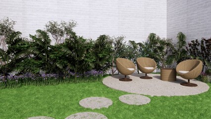 outdoor garden sofa from bamboo with nature small tree and beautiful grass