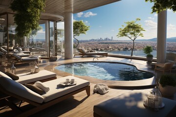 modern urban resort and spa, seamlessly integrated into a bustling city. Showcase rooftop relaxation areas, spa