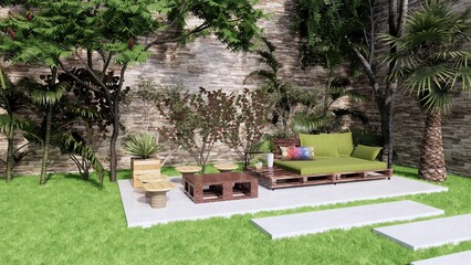 garden with simple wooden chair and table