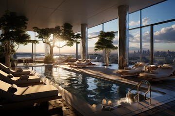modern urban resort and spa, seamlessly integrated into a bustling city. Showcase rooftop relaxation areas, spa
