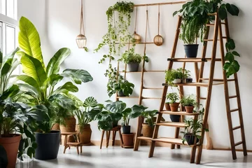 Tuinposter Exotic houseplants with beautiful leaves and decorative ladder near light wall indoors  © Pic Paradise