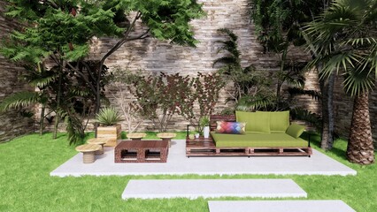 garden with simple wooden chair and table