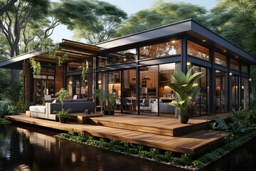 Obraz premium container house that seamlessly blends indoor and outdoor living. Highlight large sliding glass doors, a spacious deck, and a lush garden to emphasize the connection to nature.Generated with AI