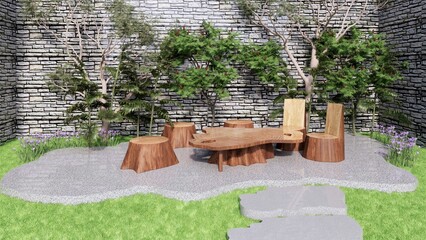 garden with natural wooden chair and table and tropical tree