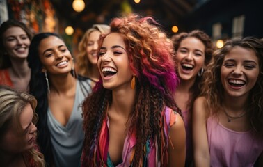Generation Z women laughing and having fun in a vibrant studio setting celebrating their friendship and good times Multicultural friends enjoy the weekend together - obrazy, fototapety, plakaty
