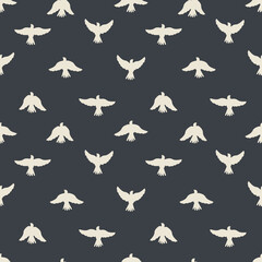 White birds on a black background form a seamless pattern for modern textiles, decorative wrapping paper. 