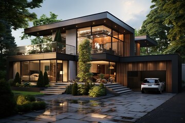 Fototapeta premium sleek and compact modern home suitable for a small urban lot, focusing on space-saving solutions, efficient storage, and multi-functional furniture.Generated with AI