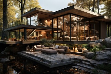 Obraz premium modern countryside retreat with a blend of contemporary architecture and rustic charm, utilizing natural materials like wood and stone, and emphasizing a cozy, inviting atmosphere.Generated with AI