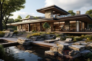 modern countryside retreat with a blend of contemporary architecture and rustic charm, utilizing natural materials like wood and stone, and emphasizing a cozy, inviting atmosphere.Generated with AI