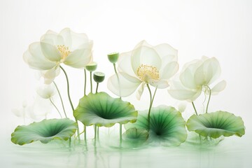 Lotus flower and Lotus flower plants on white background with reflection watercolor style artwork