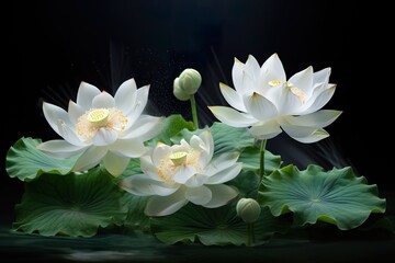 White lotus flower isolated on black background with water drops and green leaves artwork