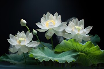 Fototapeta premium White lotus flower isolated on black background with water drops and green leaves artwork