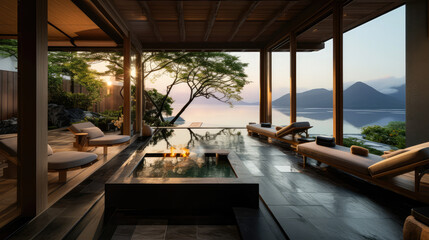 3D render interior design concept, Tranquil Japanese Resort by the Lake Natural background: A Serene Retreat and Relax with private Onsen space. travel and vacation background