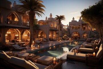 desert oasis resort and spa, offering a peaceful retreat amid sand dunes. Showcase Arabian-style architecture, luxurious lounges, and spa treatments inspired by ancient traditions.Generated with AI - obrazy, fototapety, plakaty