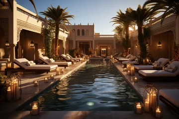 Tuinposter desert oasis resort and spa, offering a peaceful retreat amid sand dunes. Showcase Arabian-style architecture, luxurious lounges, and spa treatments inspired by ancient traditions.Generated with AI © Chanwit