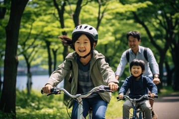 Obraz premium Father and mother and children wearing helmet riding bike together. Generative AI