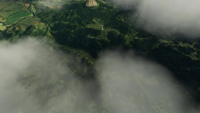 Aerial top view of Devils Tower National Monument in Wyoming. United States