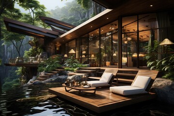Fototapeta premium Thai eco-friendly wooden house, designed to blend seamlessly with the natural environment. Generated with AI