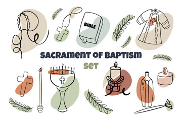Doodle set on the theme of the sacrament of baptism. Baptism of an infant. Christianity. catalicism